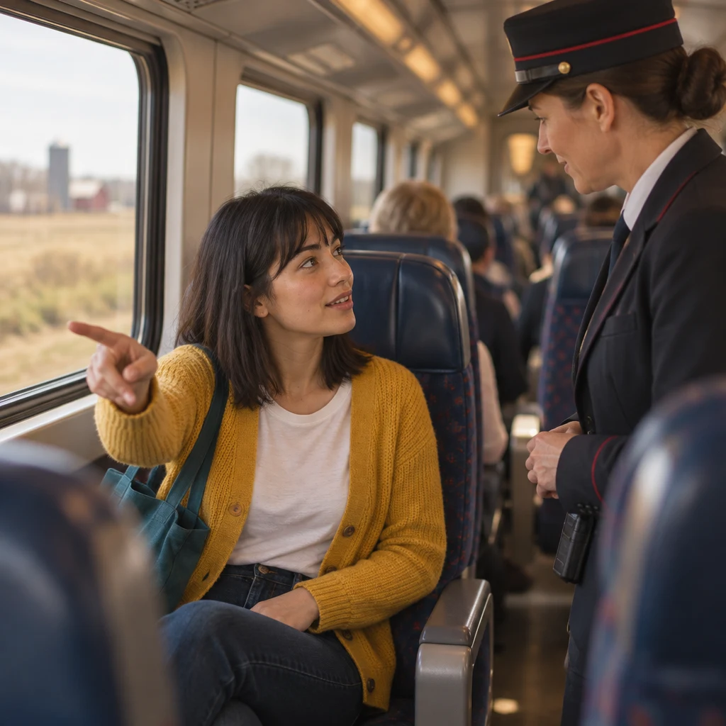 Ana leans toward the aisle and gestures toward the front of the coach while addressing the agent.