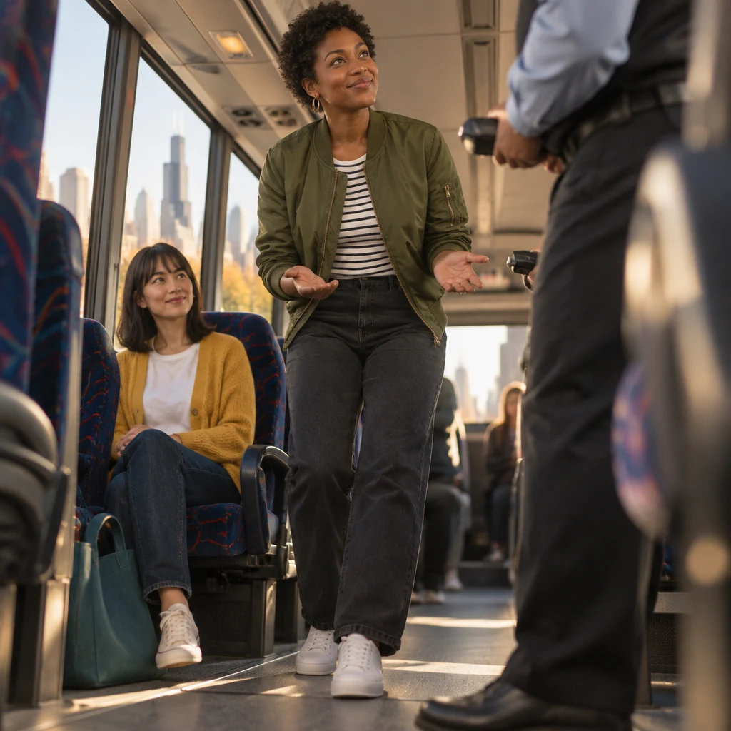 Tasha half-stands in the aisle and asks the ticket agent how to change trains.