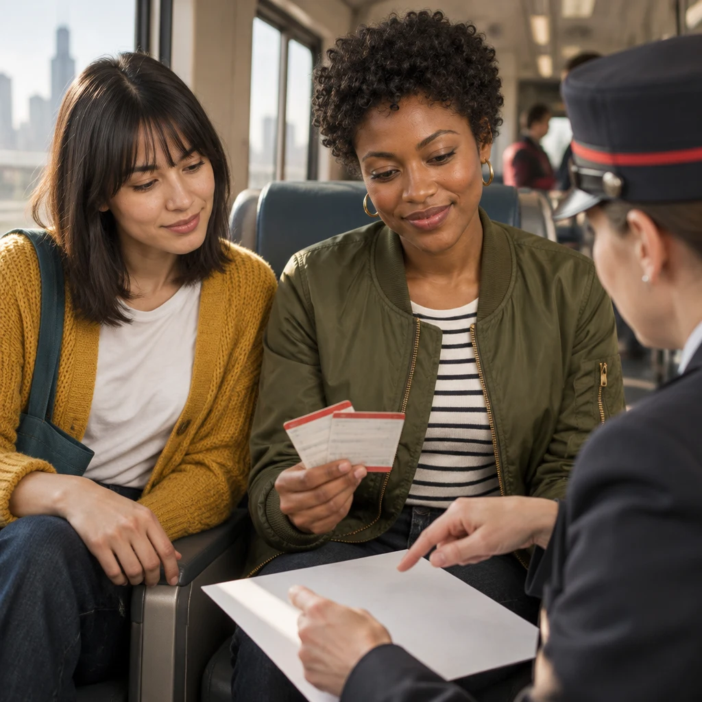 The ticket agent gestures toward a route on a blank paper while Ana and Tasha listen.