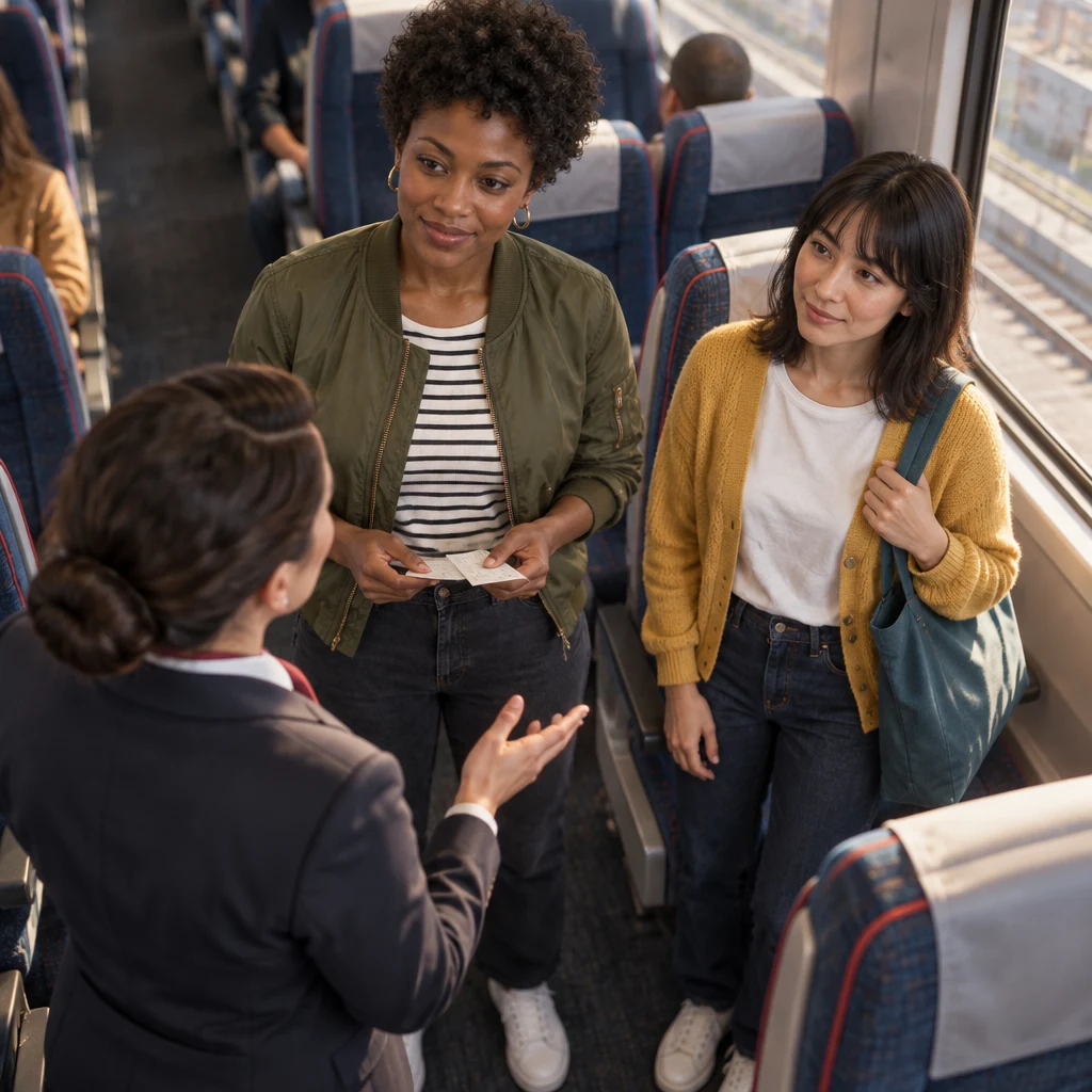 Ana and Tasha listen as the ticket agent explains when the next train leaves.