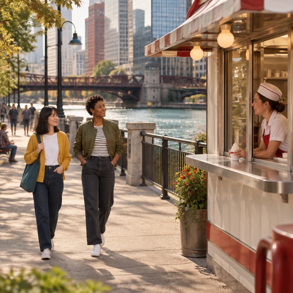 Ana and Tasha approach a frozen custard stand beside the river, where a clerk waits at the service window with a small cup.