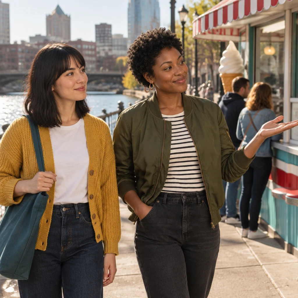 Tasha gestures toward the custard stand as Ana listens beside her on the river path.
