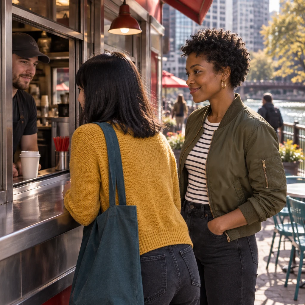 Ana leans toward the service window to order while Tasha waits beside her.