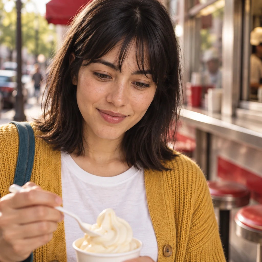 Ana looks down at her small cup of vanilla frozen custard before tasting it.