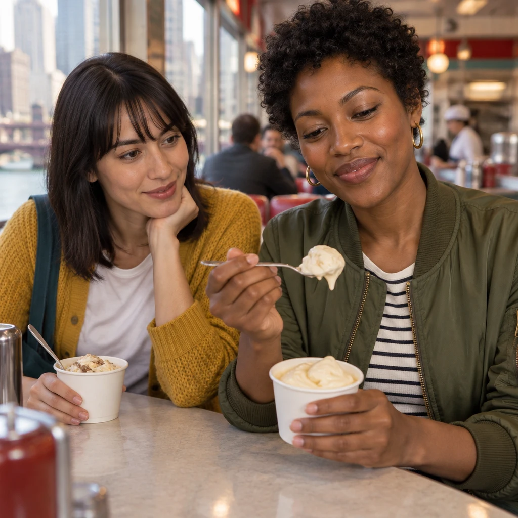 Tasha holds up a thick spoonful of frozen custard for Ana to examine.