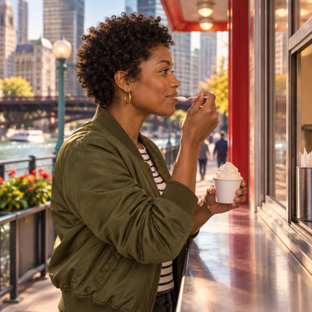 Tasha tastes a spoonful of frozen custard from her small cup.