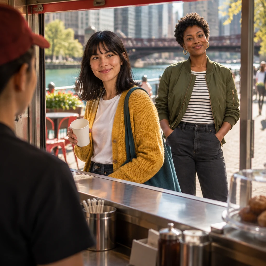 Ana turns back toward the custard window for another serving while Tasha remains beside her.