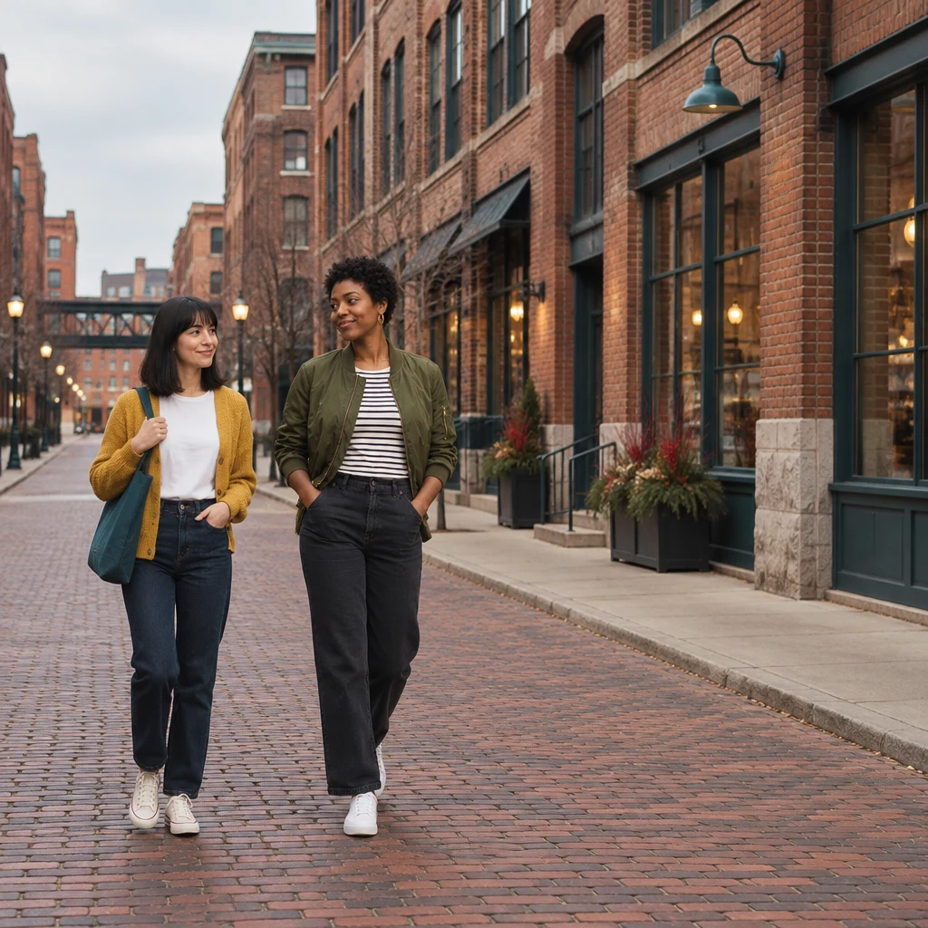 Ana and Tasha walk along a quiet brick street lined with converted old warehouses.