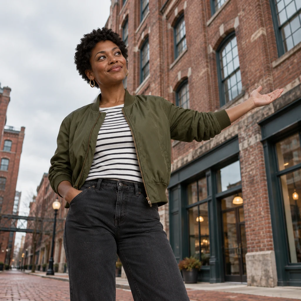 Tasha gestures toward the old warehouse buildings around her.