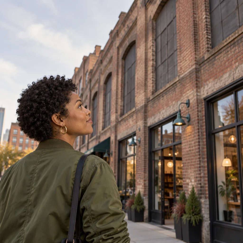 Tasha looks up at the former warehouses and their high loading doors.