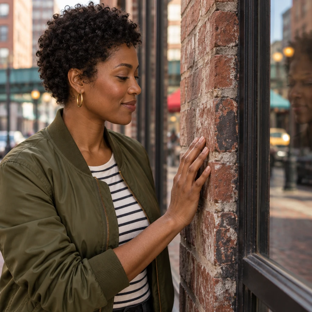 Tasha touches the old brick beside a shop window built into a warehouse wall.