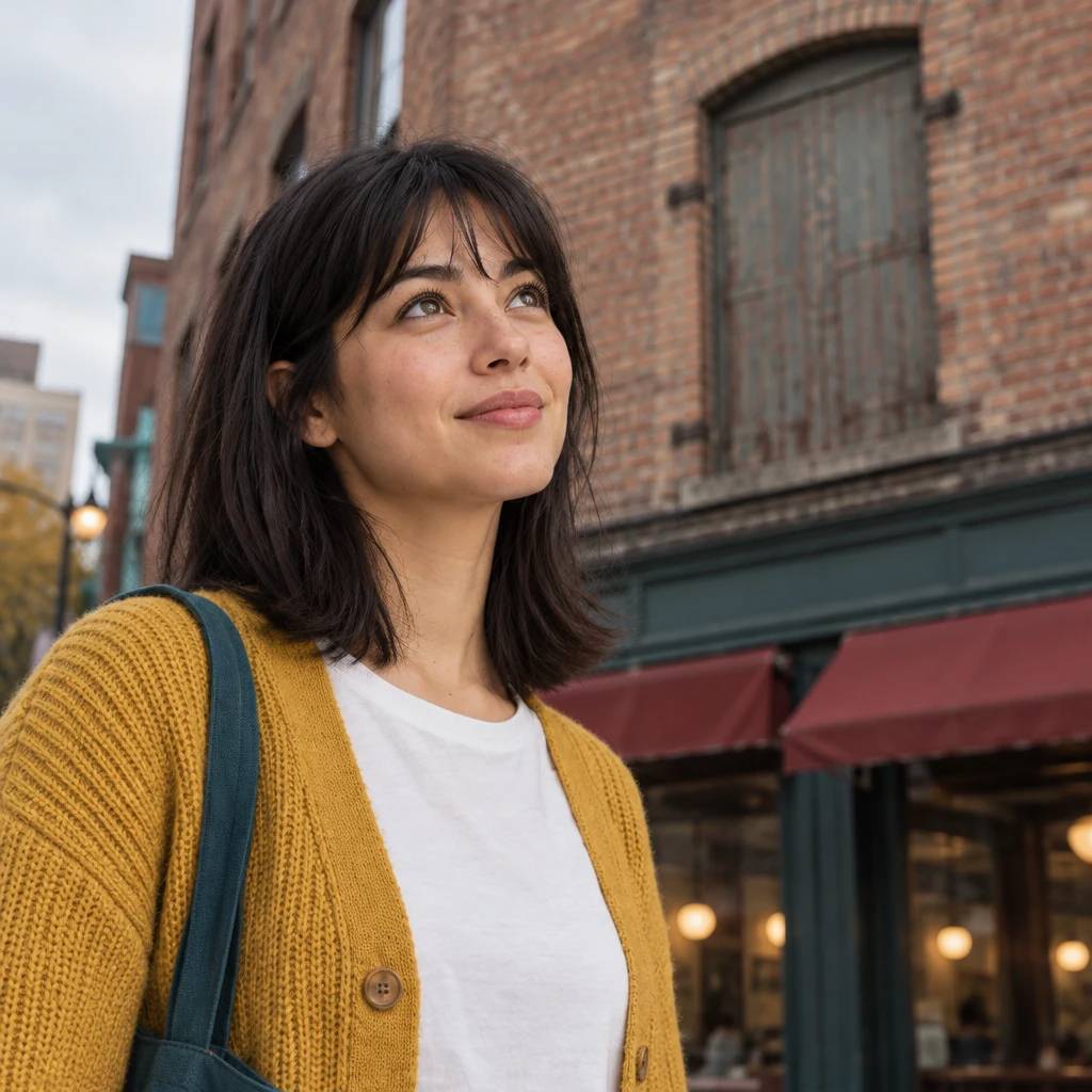 Ana looks thoughtfully up at the weathered brick and a faint former loading door.