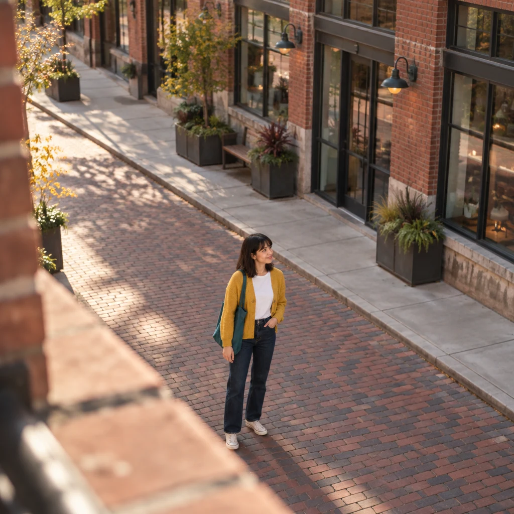 Ana pauses in the open brick street and looks along the quiet row of converted warehouses.