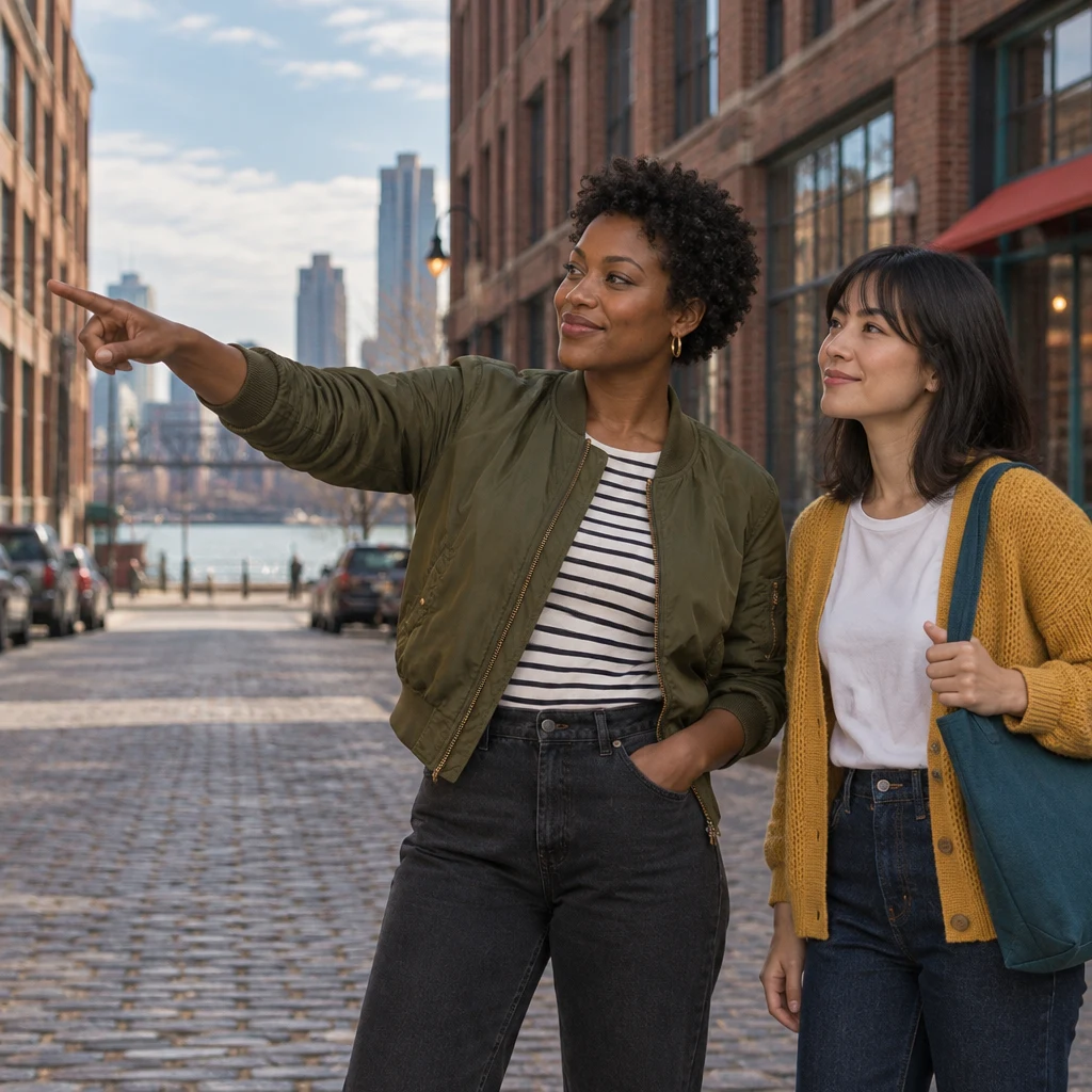 Tasha points down the street toward the river as Ana follows her direction.