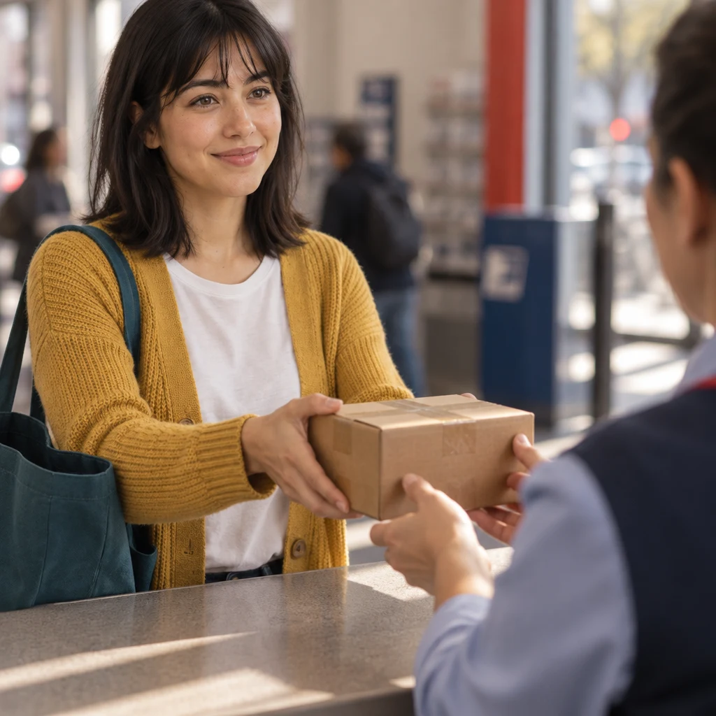Ana holds the small box out toward the postal clerk at the counter.