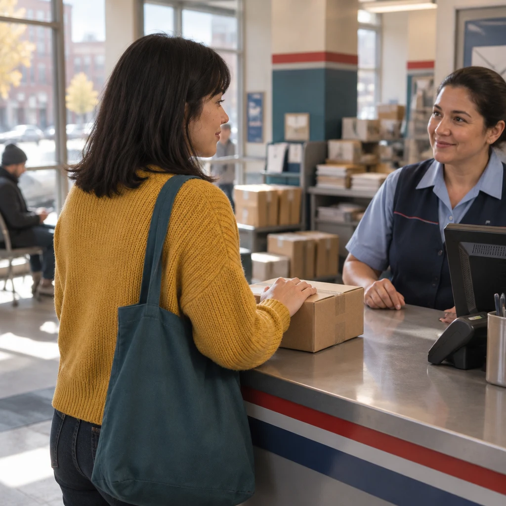 Ana waits with one hand resting on the box as the clerk attends to her.