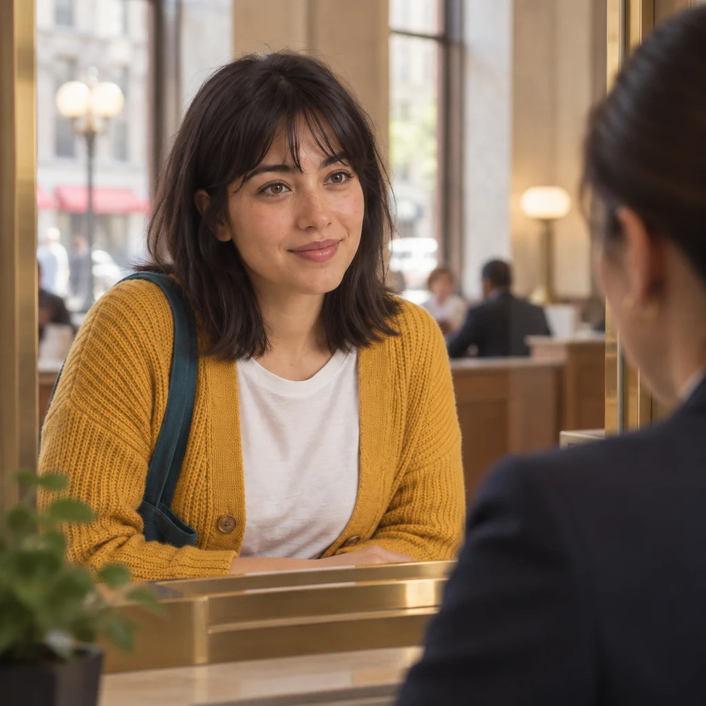 Ana listens as the teller checks her account balance and asks to see identification.