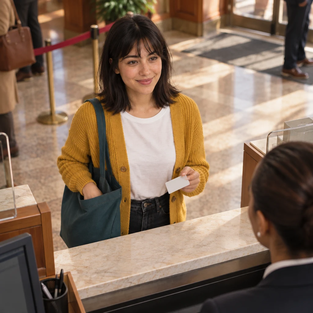 Ana pauses with her transit card in hand, almost offering it while her other hand remains in her tote.