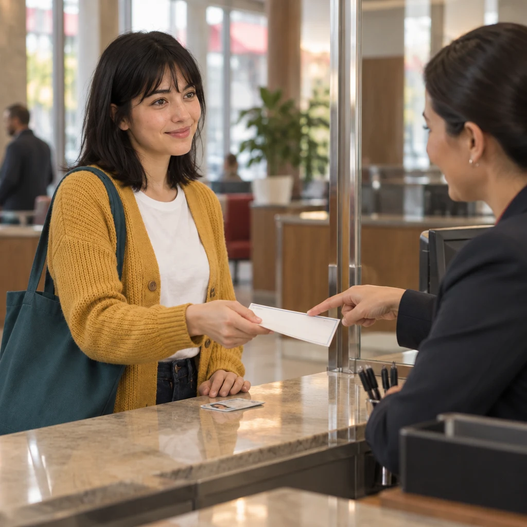 Ana holds out a second check after presenting her license to the teller.