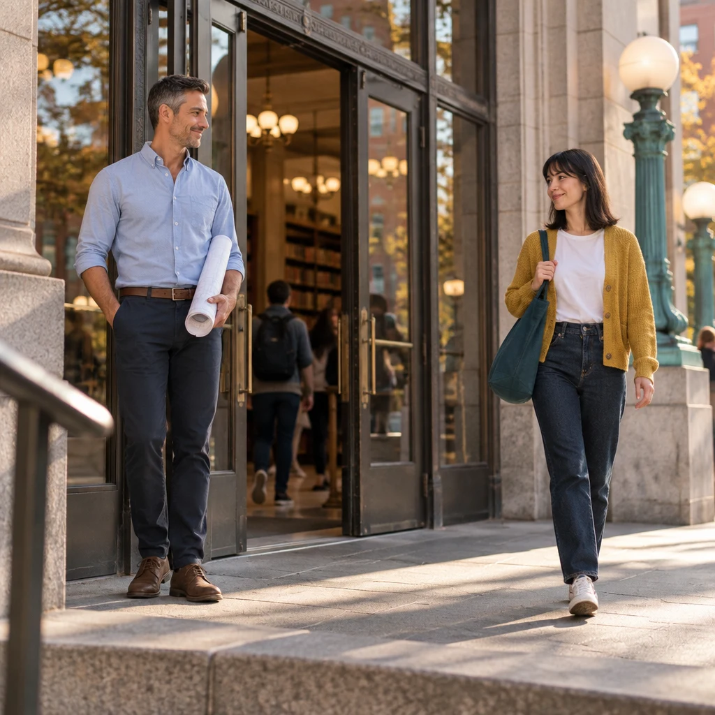 Marcus waits by the library doors with rolled drawings as Ana arrives from the sidewalk.
