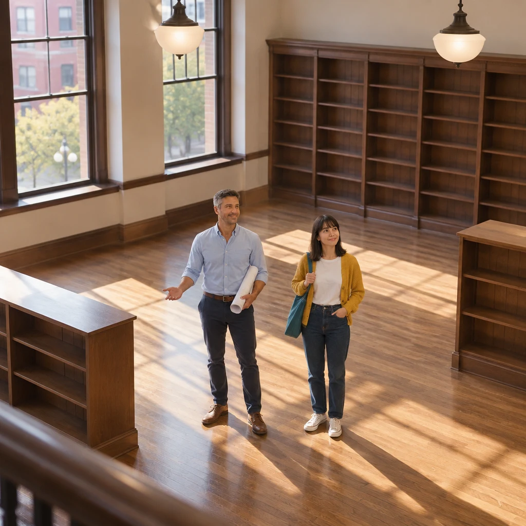 Marcus and Ana stand in a quiet library room as he looks around and shrugs.