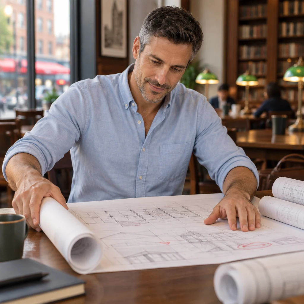 Marcus unrolls the drawings and finds that they need more changes than expected.