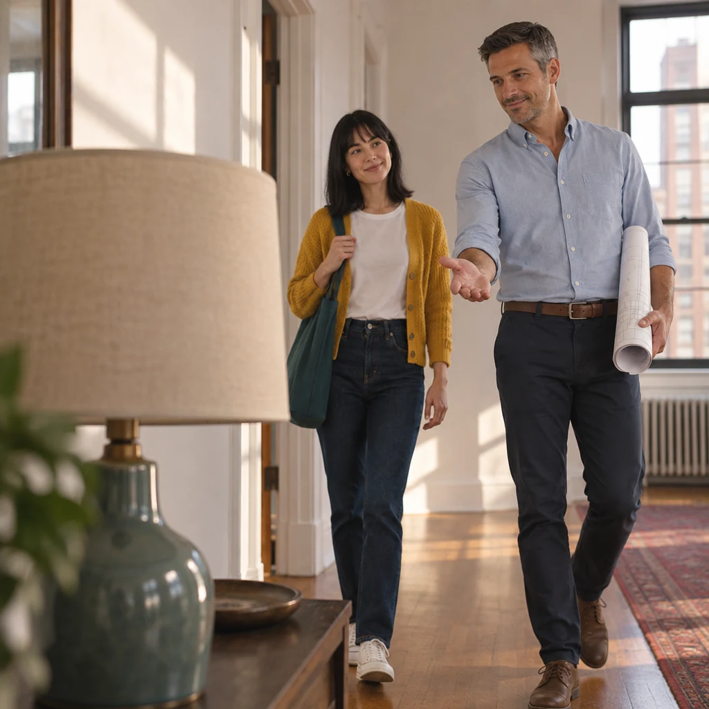 The unlit lamp fills the foreground as Marcus gestures toward it and Ana prepares to move on.