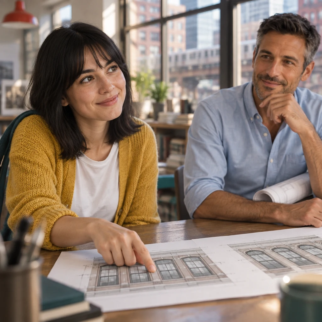 Ana points to the sketch that keeps the old windows and looks to Marcus for his reaction.