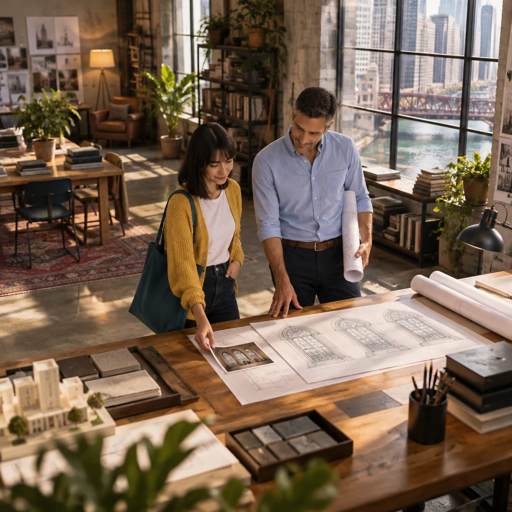 Ana places an image from the library visit beside the drawings as she and Marcus study the window plan.