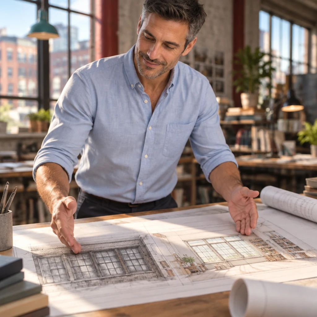 Marcus opens his hands toward two parts of the window plan, weighing the old glass against a brighter room.