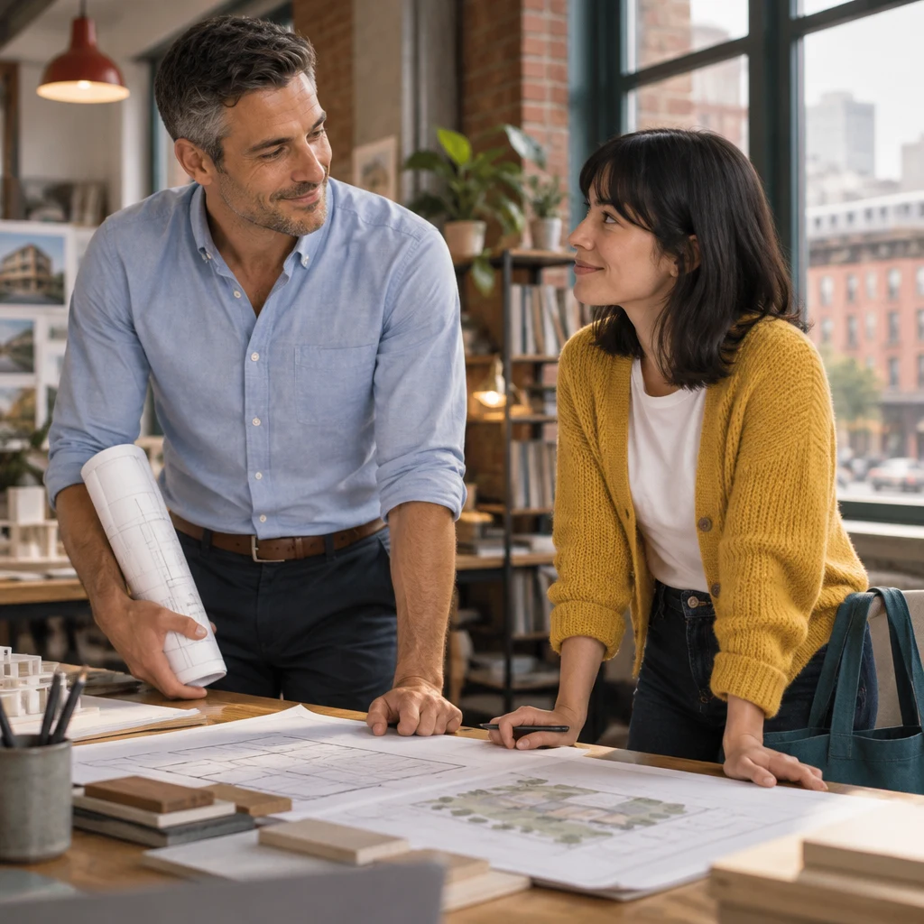 Marcus gives Ana a small nod beside the desk as they review the library drawings.