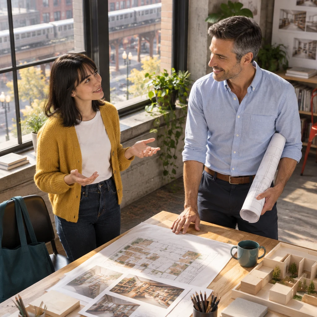 Ana faces Marcus near the tall windows with an open stance as they share a positive feeling about the plan.