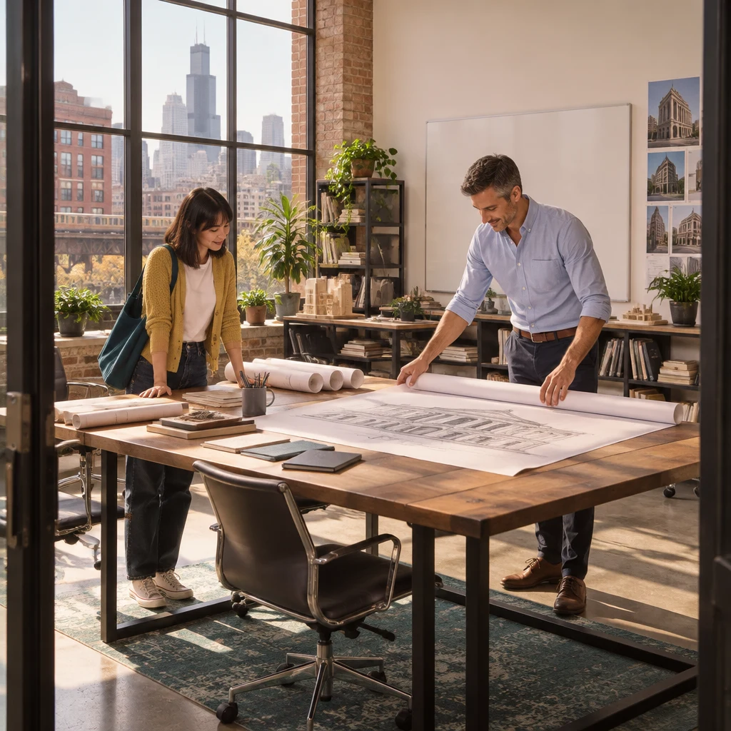 Ana and Marcus sit across the long desk as Marcus unrolls a library drawing.