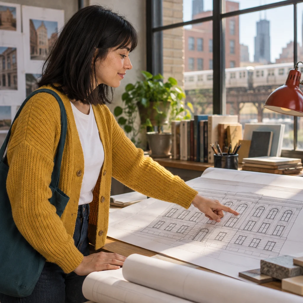 Ana points to a tall window shape on the library facade drawing as she explains her choice.