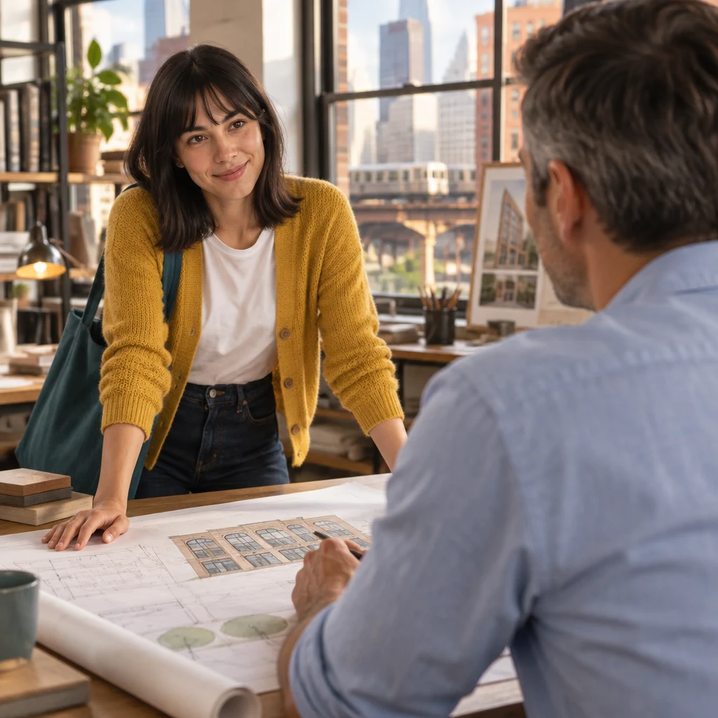 Ana presents the plan to Marcus with both palms resting on the spread drawings.