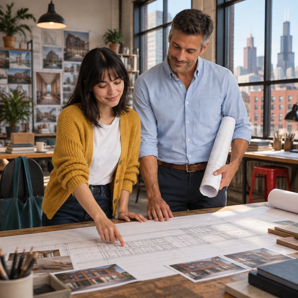 Ana traces a window bay on the drawing as Marcus watches from beside the desk.