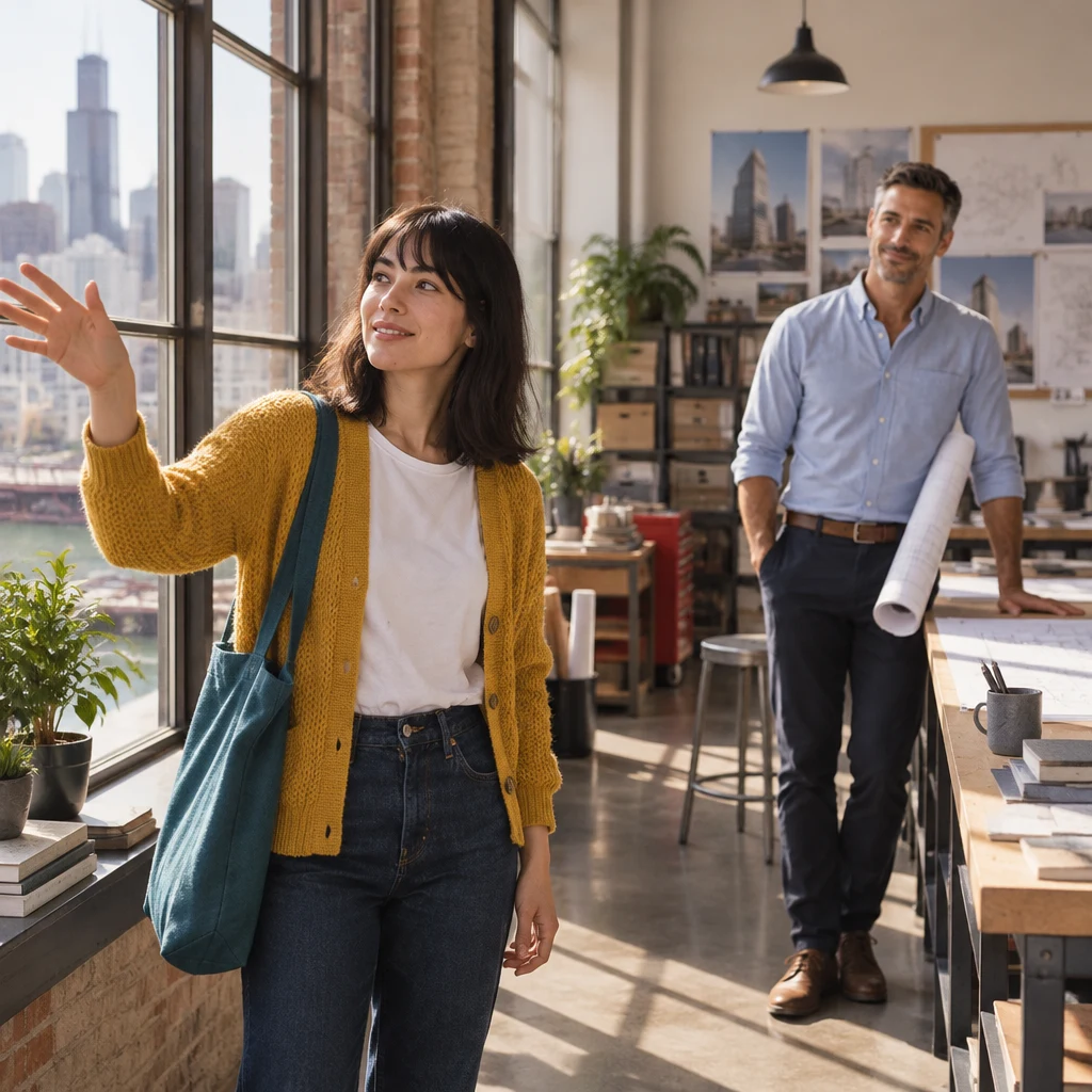 Ana gestures toward daylight at the studio windows while Marcus remains by the drawings.