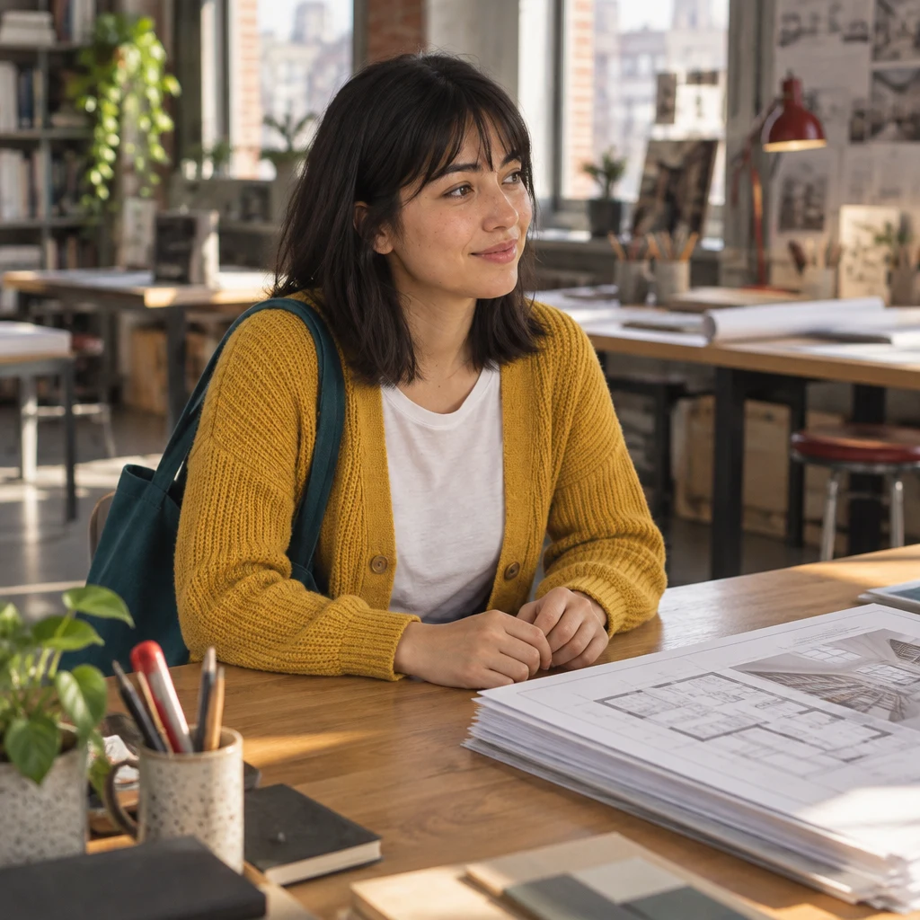 Ana rests her hands beside the idle work surface while she waits after the meeting runs long.