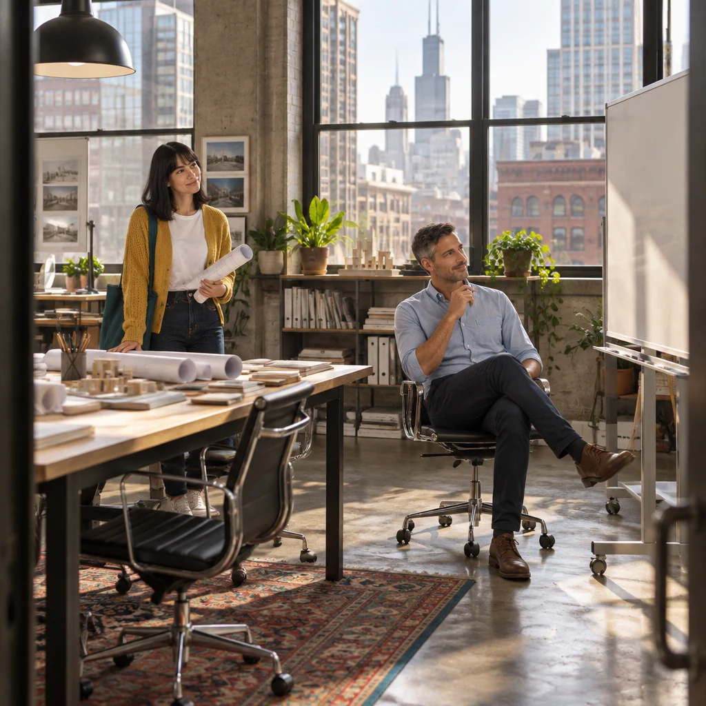 Ana stands with rolled drawings beside the long desk while Marcus settles in for a short meeting.
