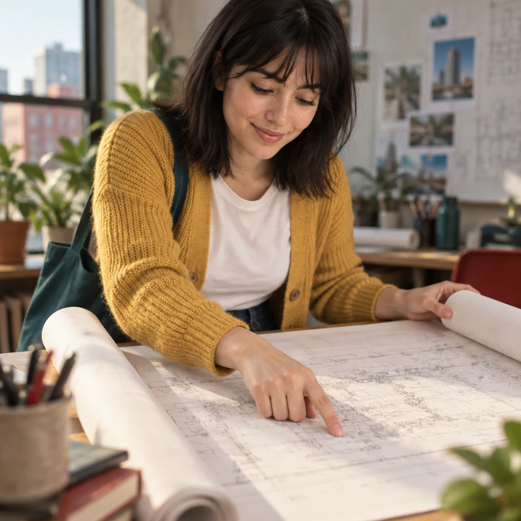 Ana opens the drawings to show that the plan pictures are difficult to read.