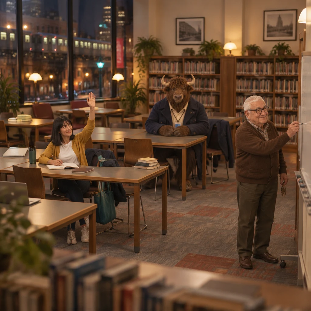 Ana raises her hand at the table as Mr. Kowalski prepares the evening lesson and Murray settles into the back row.