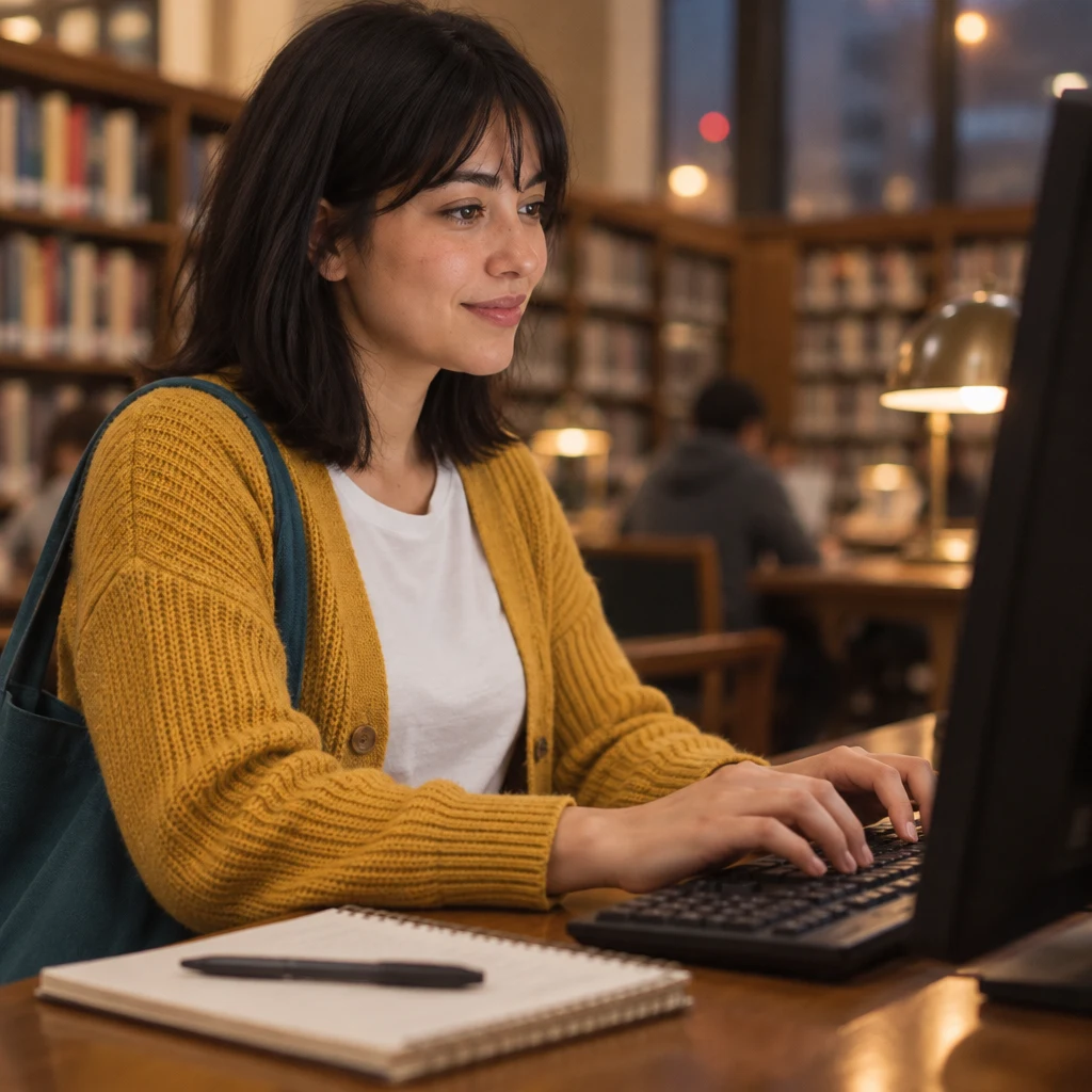 Ana confidently types at a library computer, demonstrating a skill she knows well.