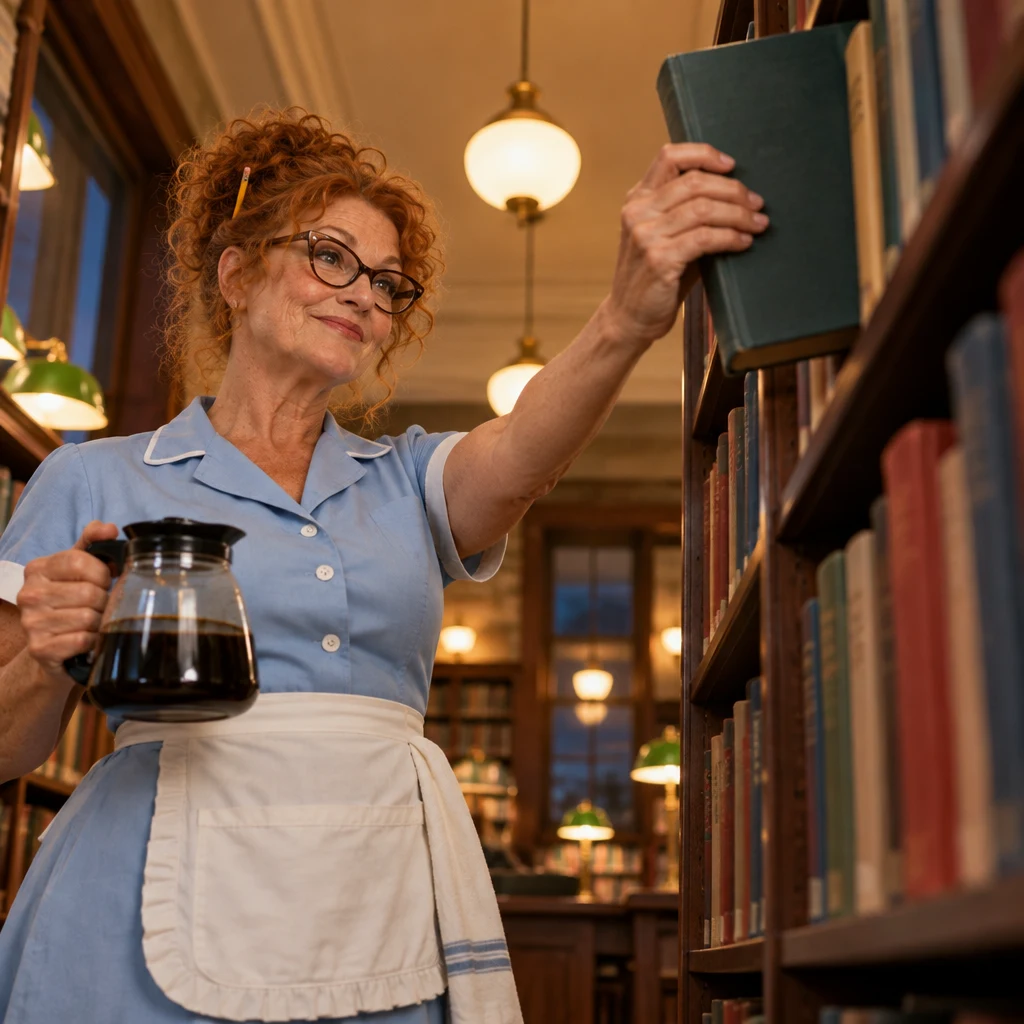 Dee easily reaches for a book on the library shelf.