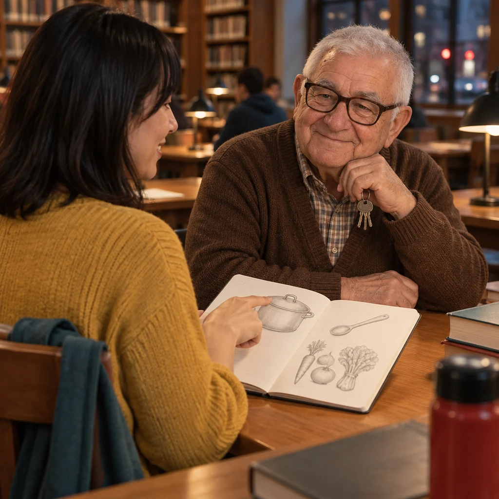 Ana indicates a simple cooking sketch in her notebook as Mr. Kowalski listens.