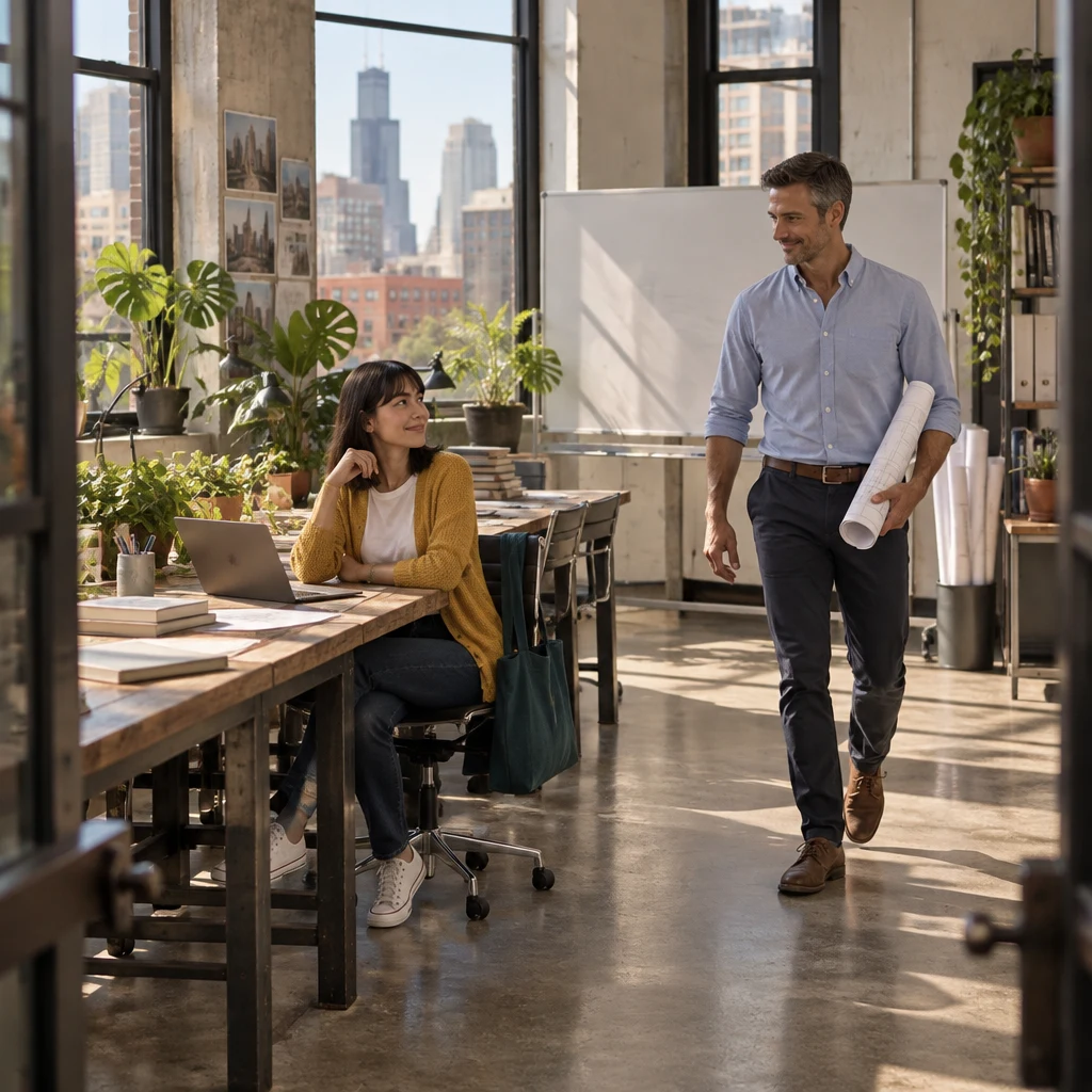 Ana sits at the plant-lined desk as Marcus approaches with rolled drawings under one arm.