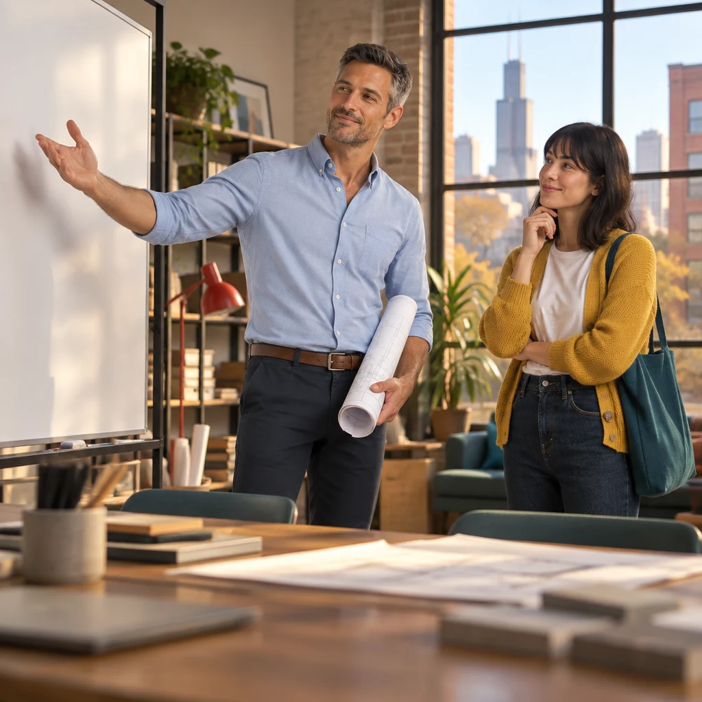 Marcus gestures toward the blank whiteboard as he asks about reaching the goal.