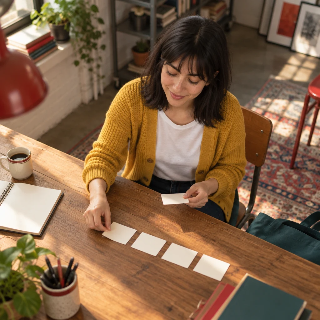 Ana arranges a few small blank cards into a reachable sequence.