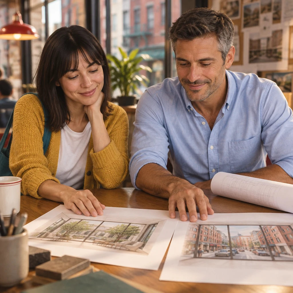 Marcus rests his fingertips on the quieter window plan as Ana agrees with his choice.