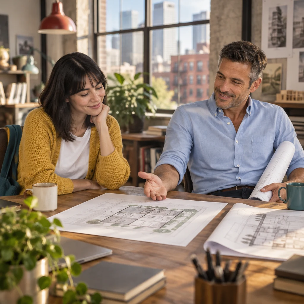 Marcus makes an easy open-handed gesture while Ana considers whether the plan works for her.