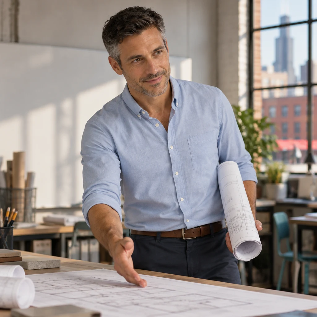 Marcus leans toward the drawings as he returns to his earlier point.